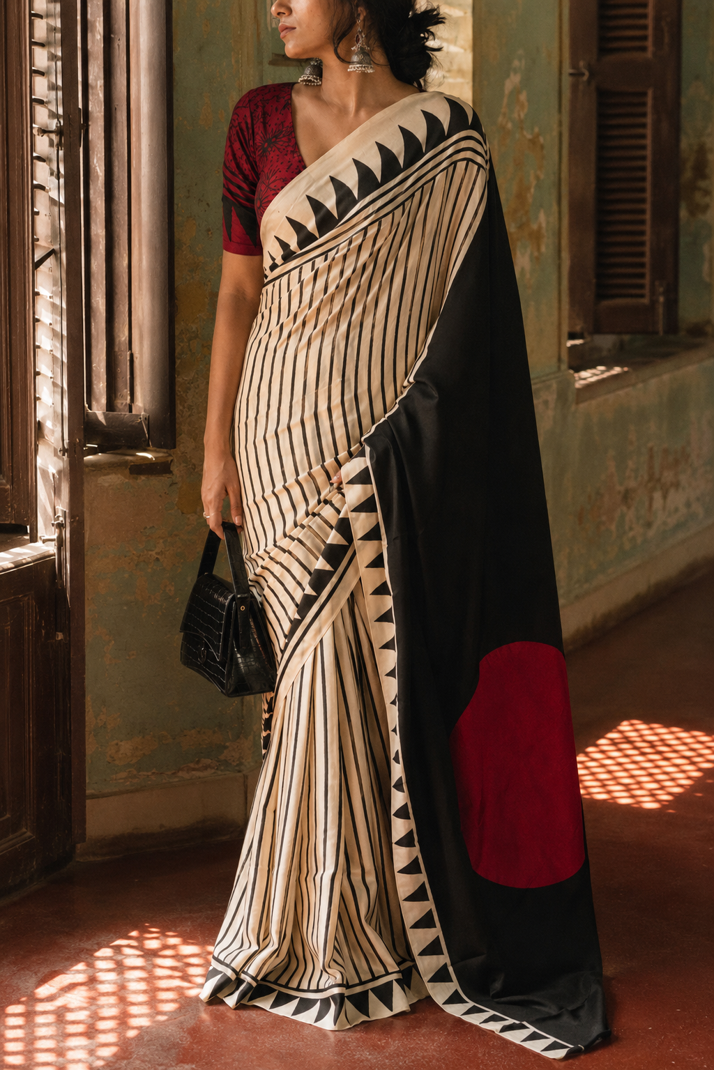 Sritama — Black & Ivory Stripe Modal Silk Saree