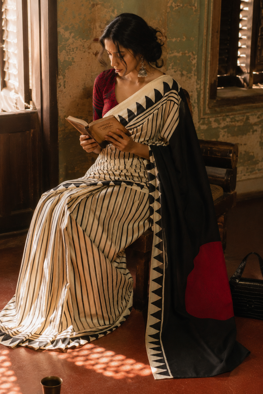 Sritama — Black & Ivory Stripe Modal Silk Saree