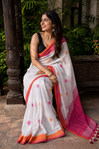 Bindiya — White Polka-Dot Linen Saree with Red Pallu
