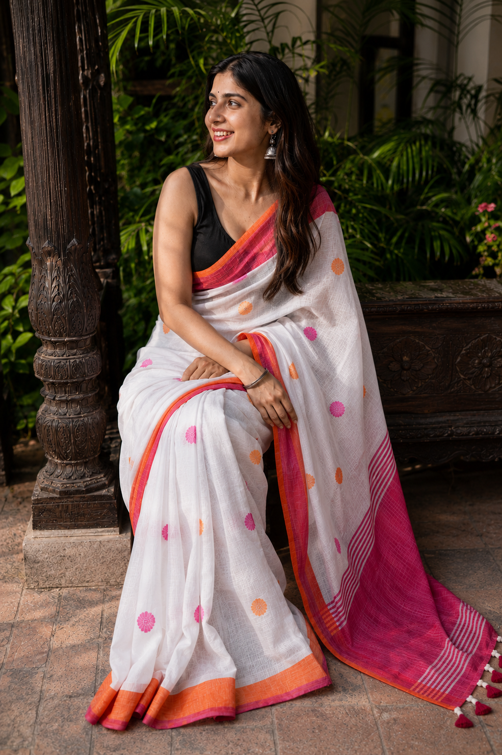 Bindiya — White Polka-Dot Linen Saree with Red Pallu