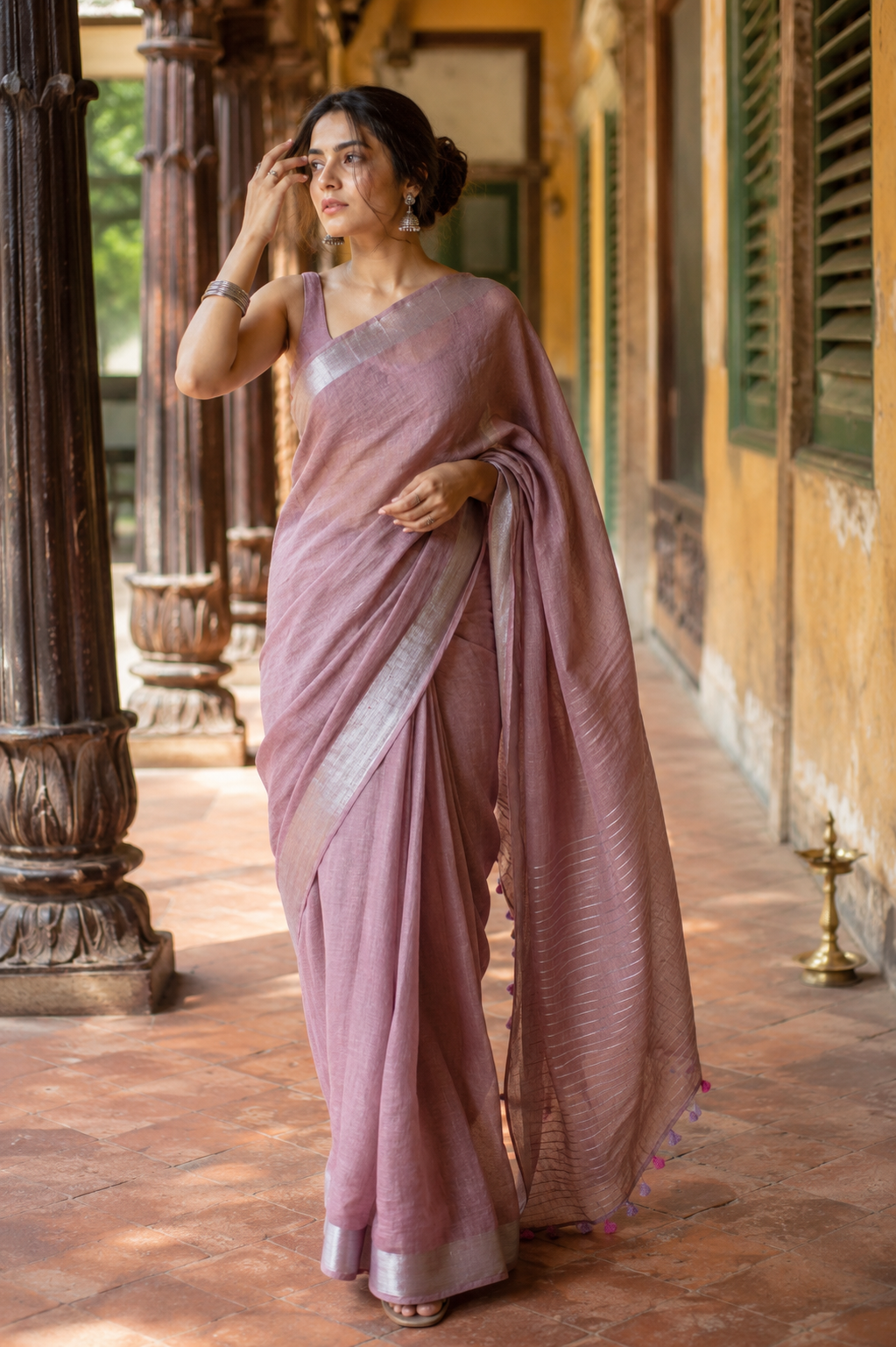 Sreelekha — Rose-Mauve Linen Saree with Silver Border