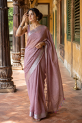 Sreelekha — Rose-Mauve Linen Saree with Silver Border