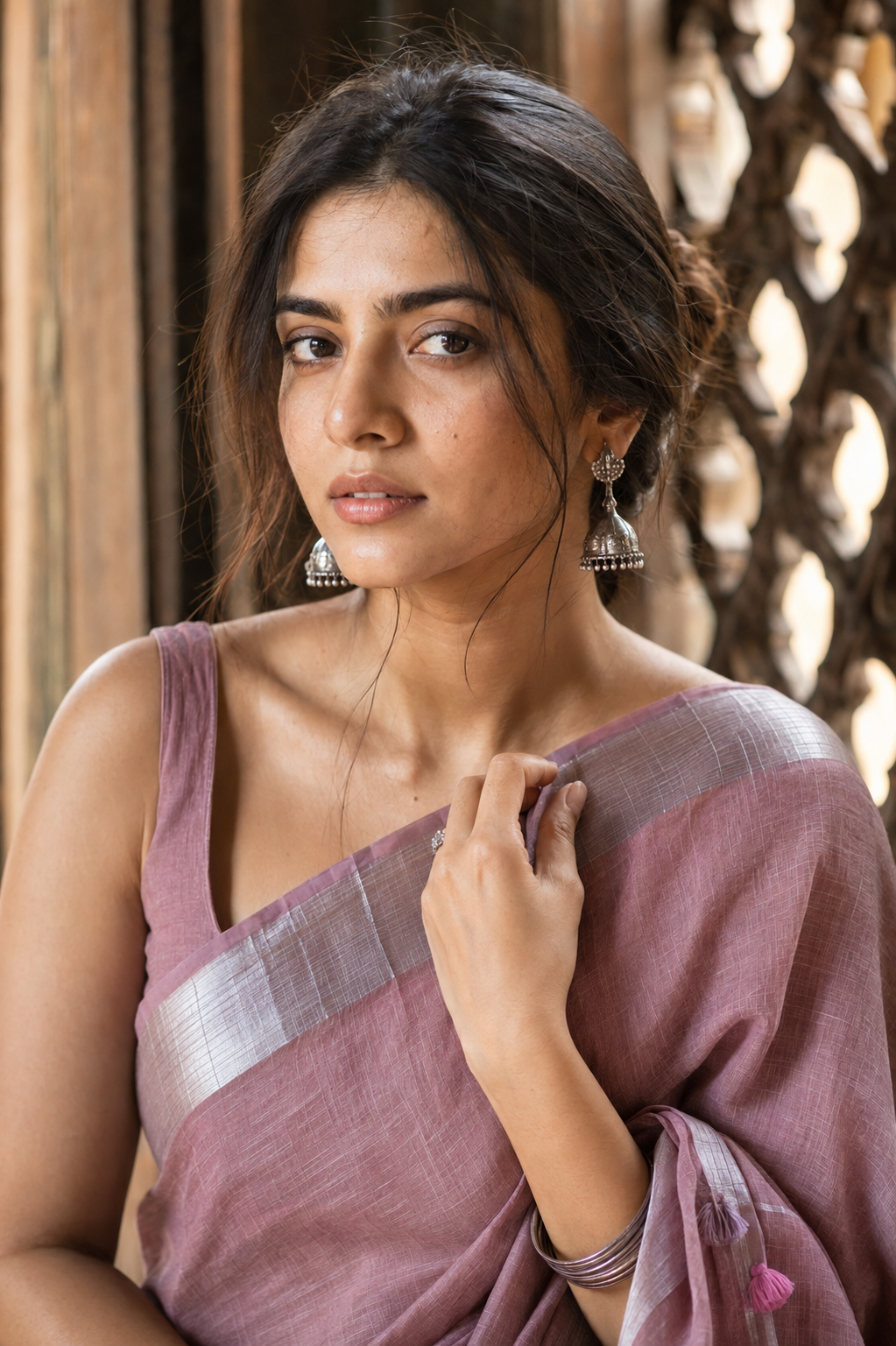 Sreelekha — Rose-Mauve Linen Saree with Silver Border