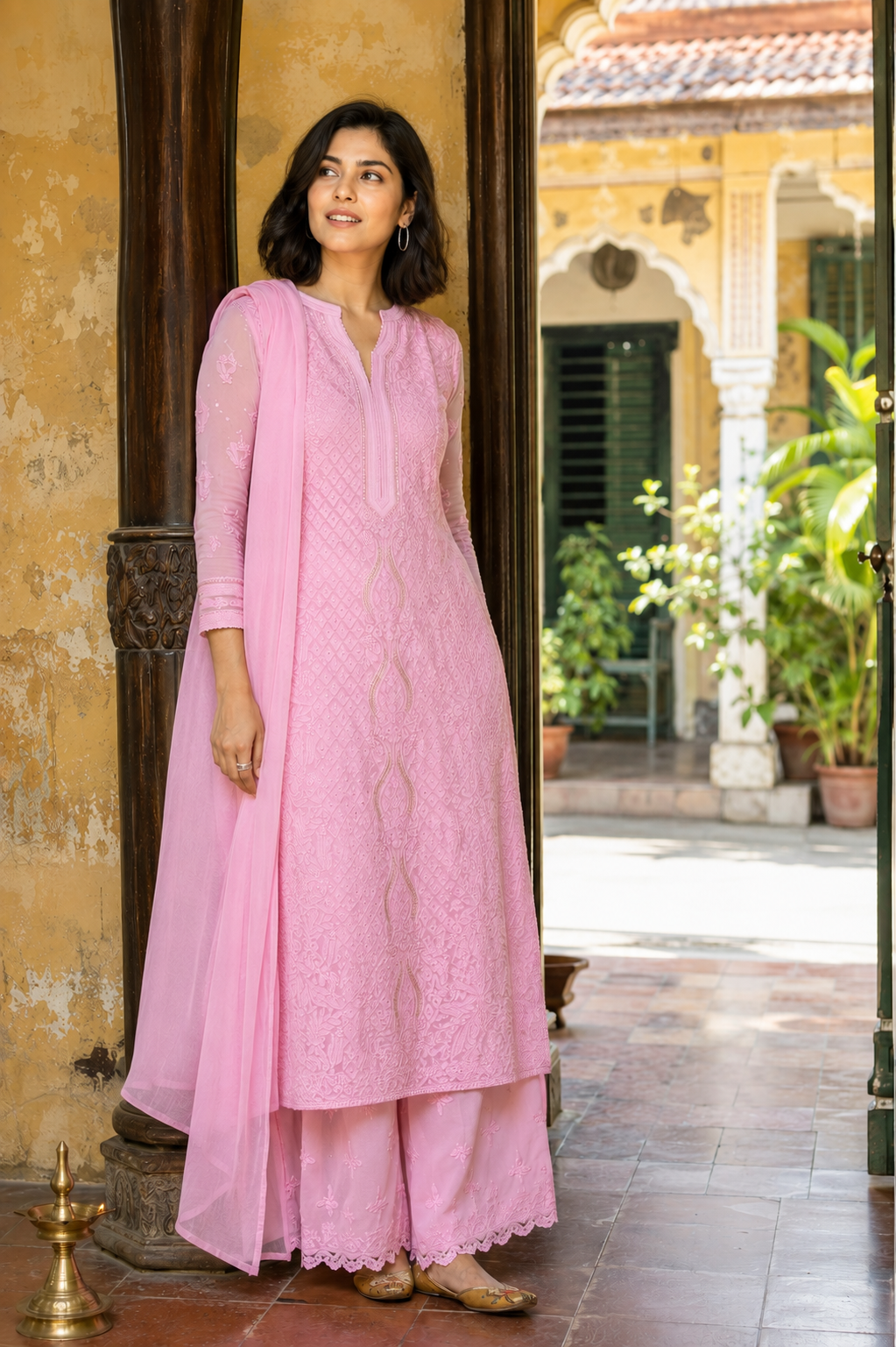 Mehr — Pink Chikankari Kurta, Palazzo & Dupatta Set