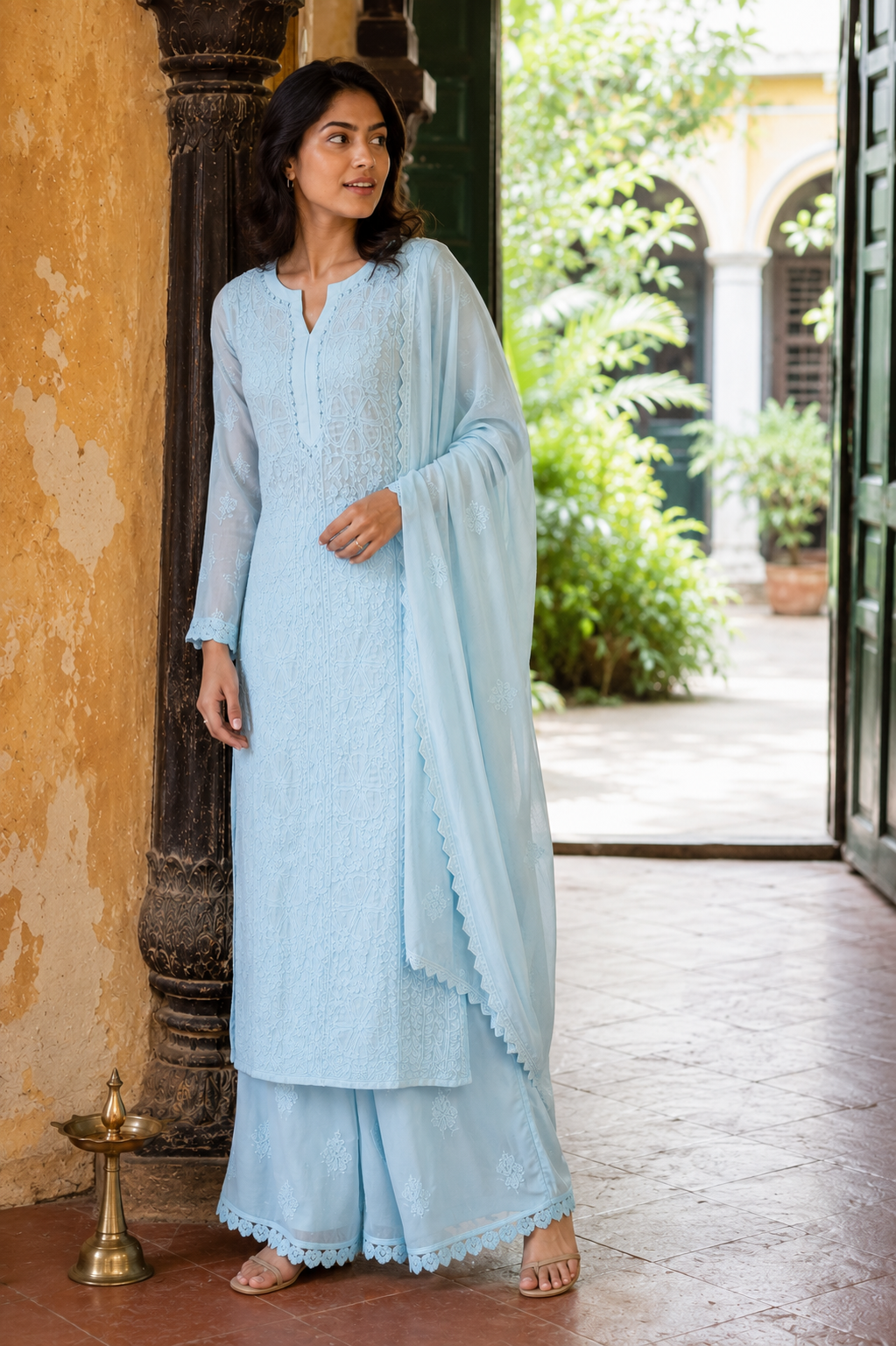 Nilofar — Powder Blue Chikankari Kurta, Palazzo & Dupatta Set