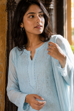 Nilofar — Powder Blue Chikankari Kurta, Palazzo & Dupatta Set
