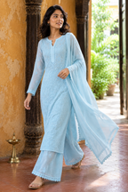 Nilofar — Powder Blue Chikankari Kurta, Palazzo & Dupatta Set