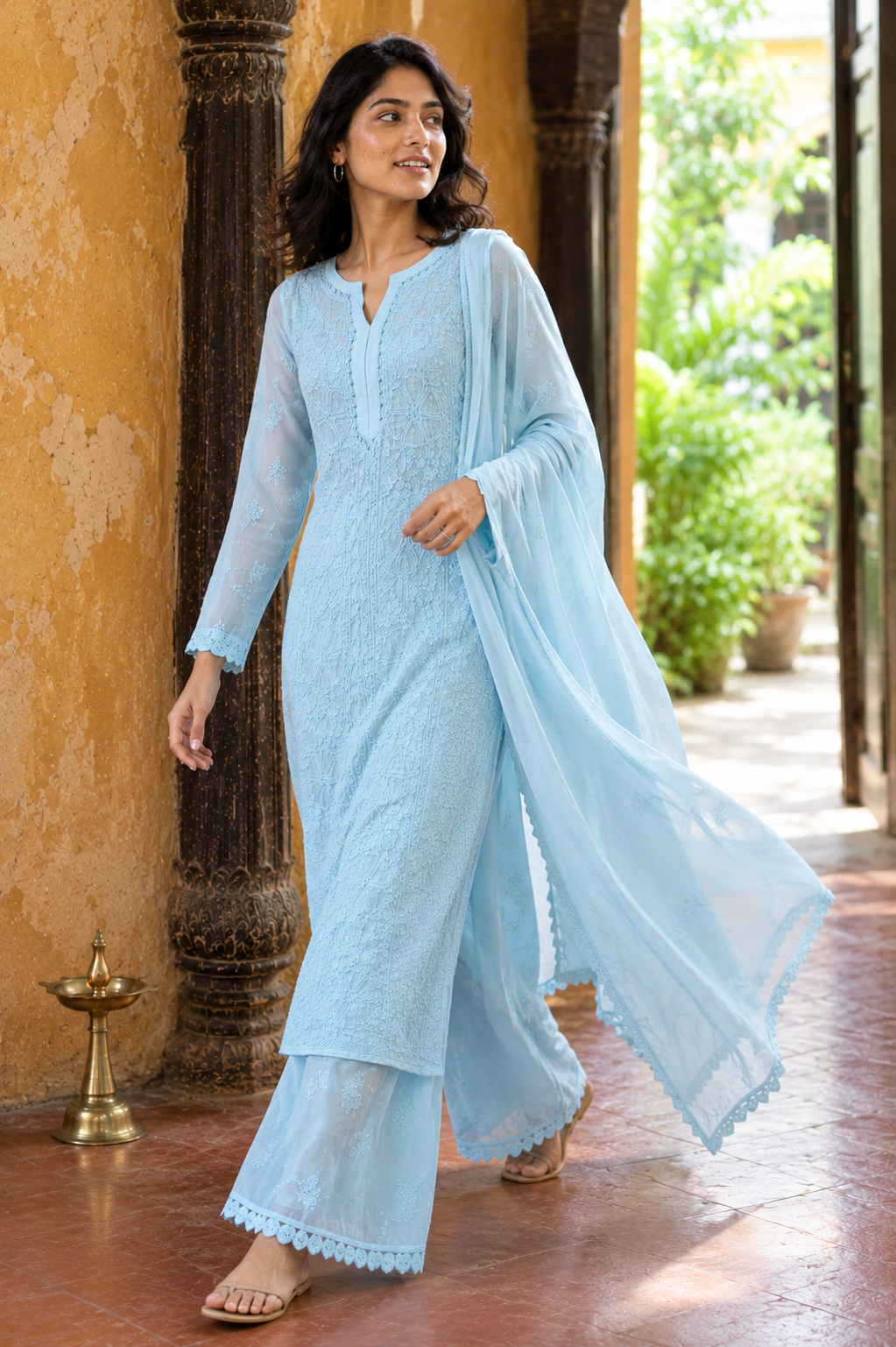 Nilofar — Powder Blue Chikankari Kurta, Palazzo & Dupatta Set