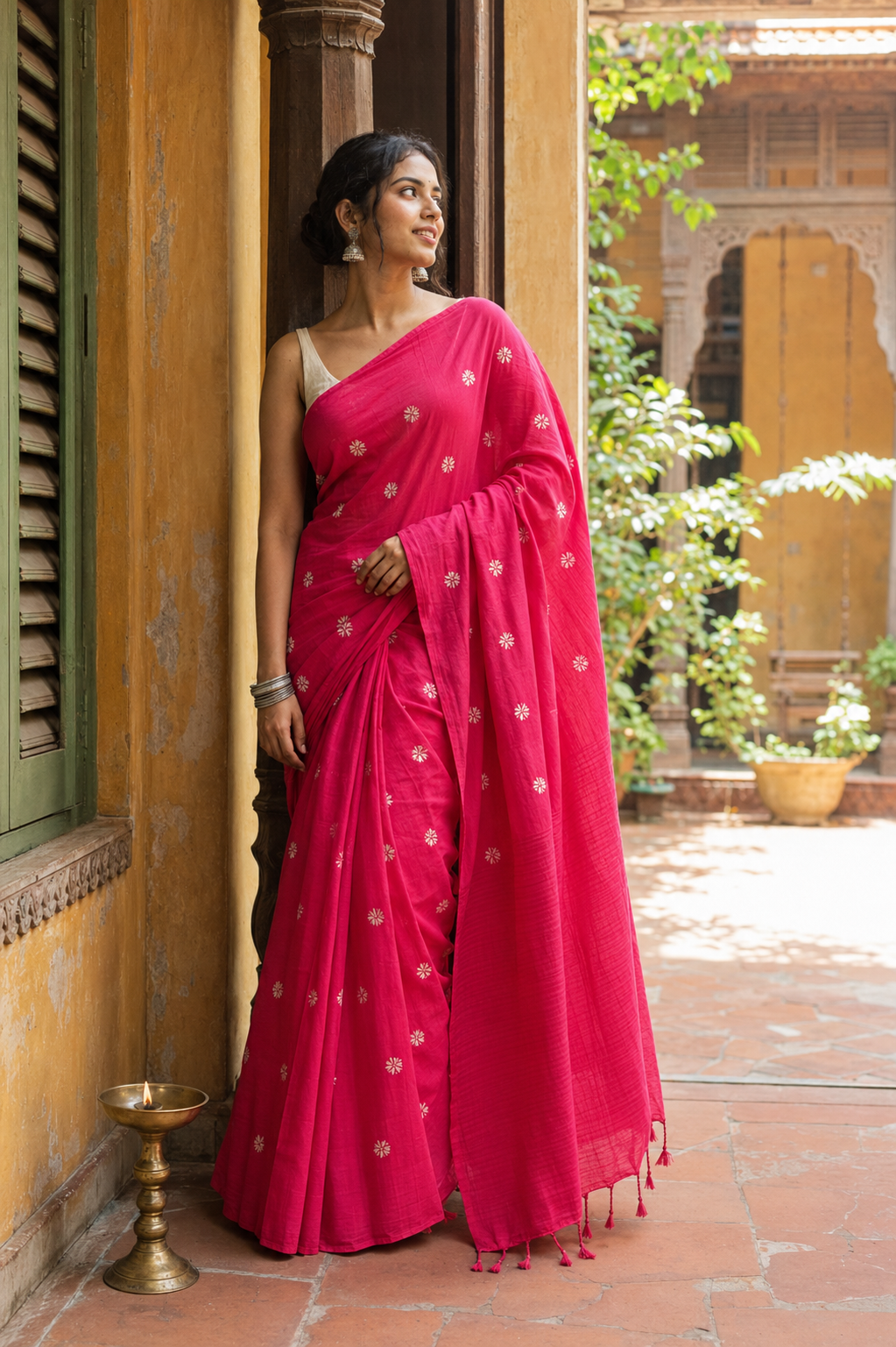 Rangoli — Berry Pink Cotton Saree with Floral Motifs