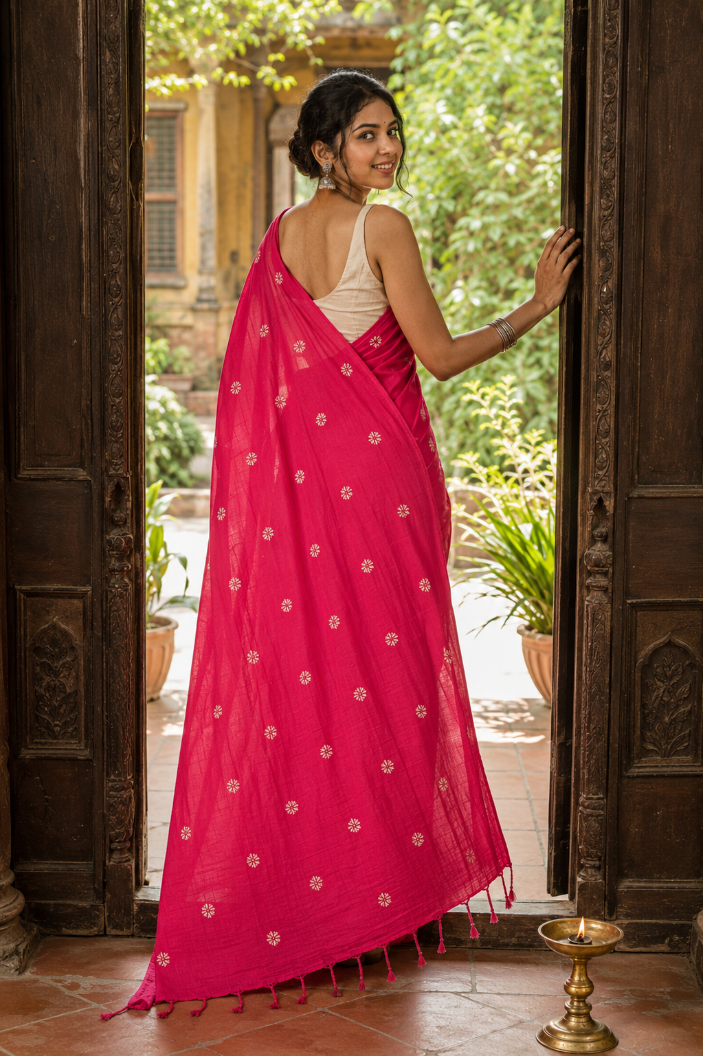 Rangoli — Berry Pink Cotton Saree with Floral Motifs