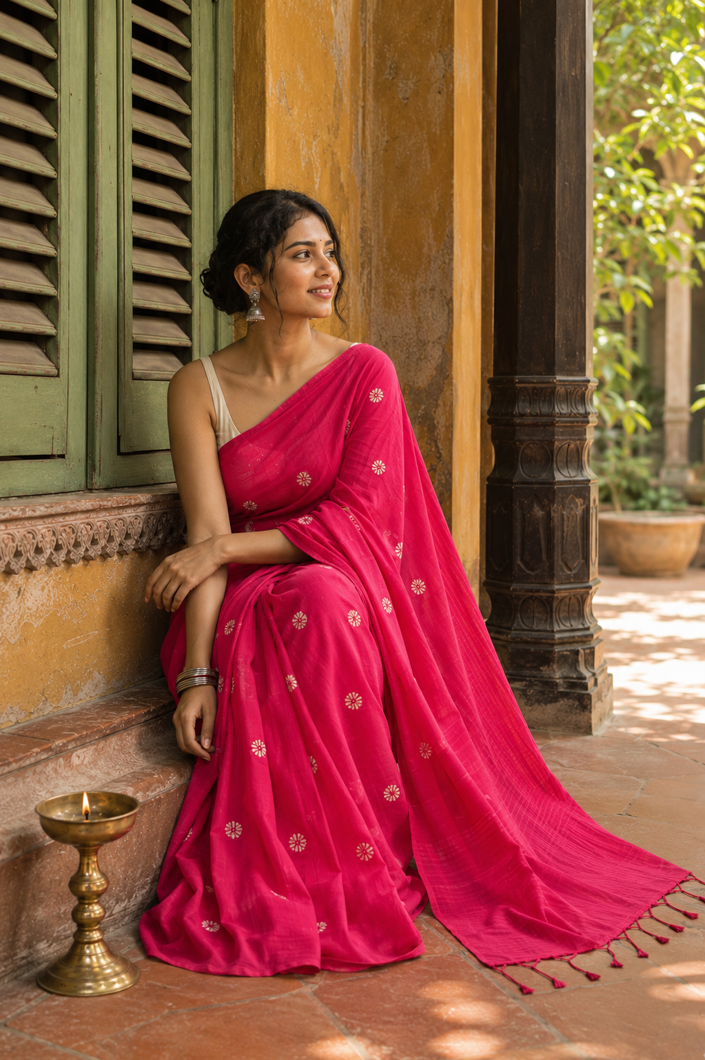 Rangoli — Berry Pink Cotton Saree with Floral Motifs