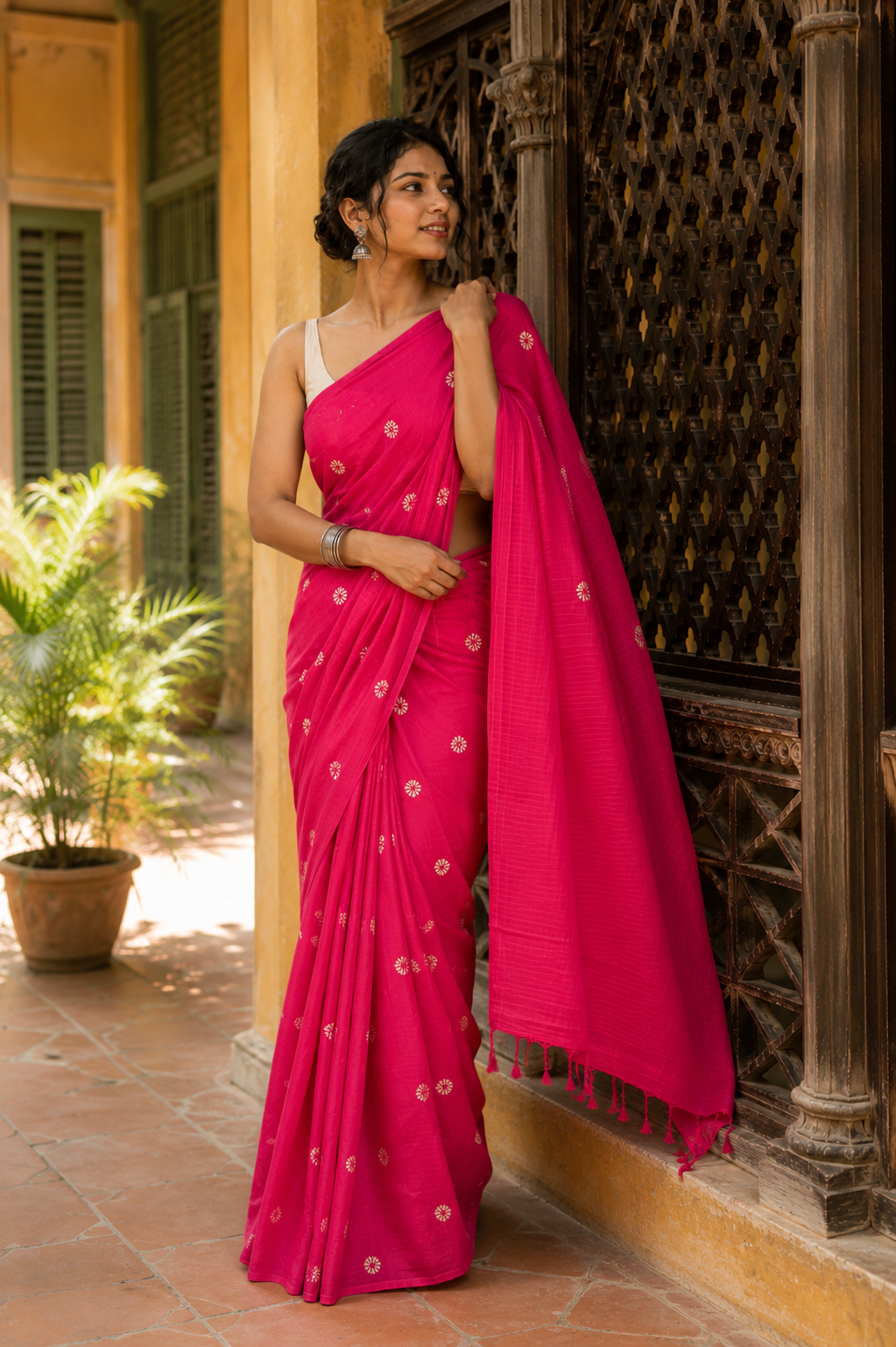 Rangoli — Berry Pink Cotton Saree with Floral Motifs