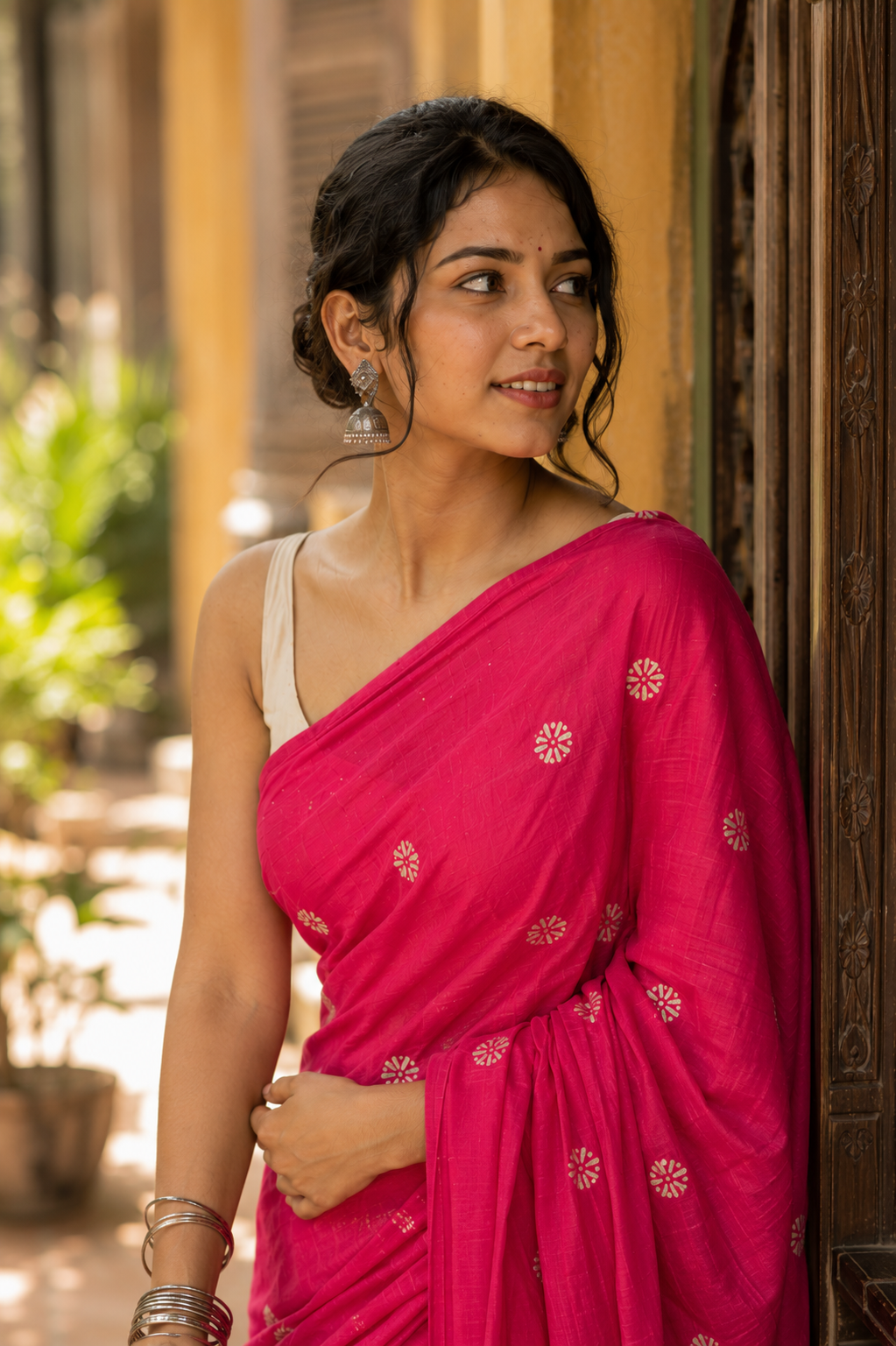Rangoli — Berry Pink Cotton Saree with Floral Motifs