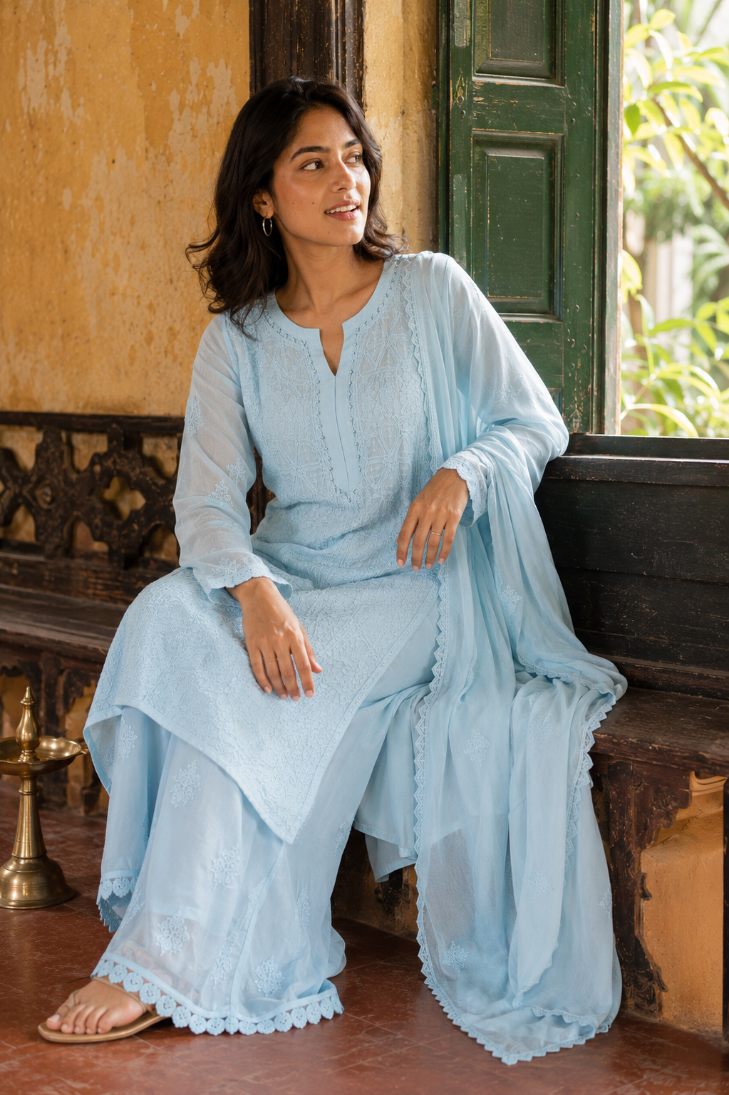 Nilofar — Powder Blue Chikankari Kurta, Palazzo & Dupatta Set