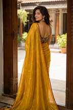 Kanchan — Mustard-Gold Tissue Saree with Red Selvedge | Awadhalaya