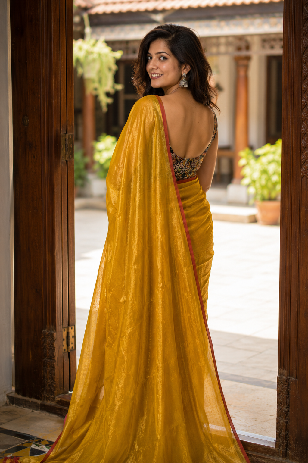 Kanchan — Mustard-Gold Tissue Saree with Red Selvedge | Awadhalaya