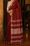 Rohini — Crimson Red Linen-Cotton Saree with Silver Border | Awadhalaya