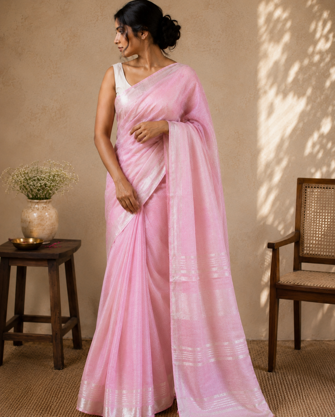 Kangna — Blush Pink Silver Zari Linen Cotton Saree