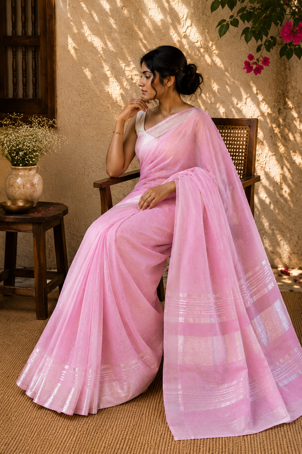 Kangna — Blush Pink Silver Zari Linen Cotton Saree