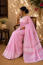 Kangna — Blush Pink Silver Zari Linen Cotton Saree
