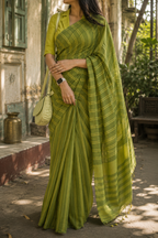 Olive Green Dhonekali Cotton Tant Saree | Pure Cotton | Awadhalaya