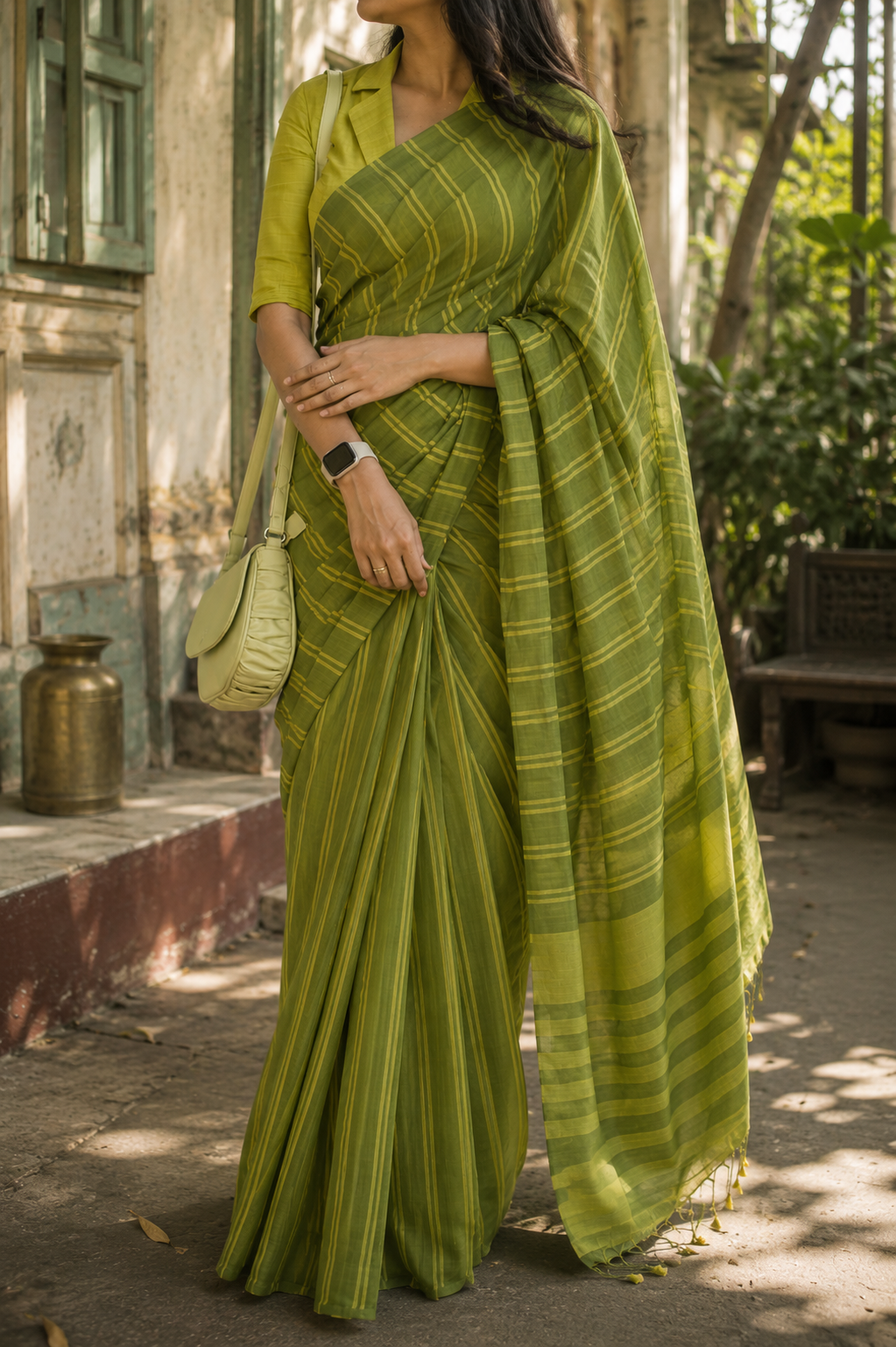 Olive Green Dhonekali Cotton Tant Saree | Pure Cotton | Awadhalaya