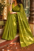 Olive Green Dhonekali Cotton Tant Saree | Pure Cotton | Awadhalaya