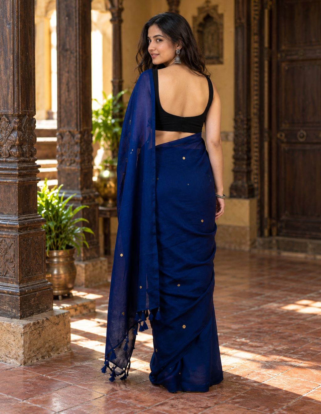 Taara — Navy Blue Cotton Saree with Gold Coin Buti