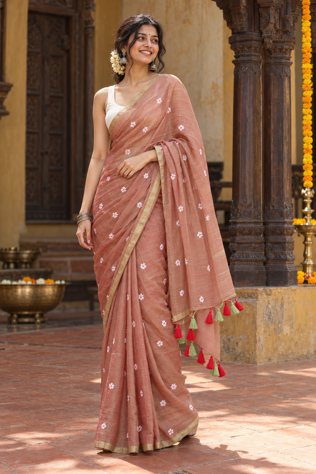 Sharad — Dusty-Rose Cotton Saree with Embroidered Shiuli