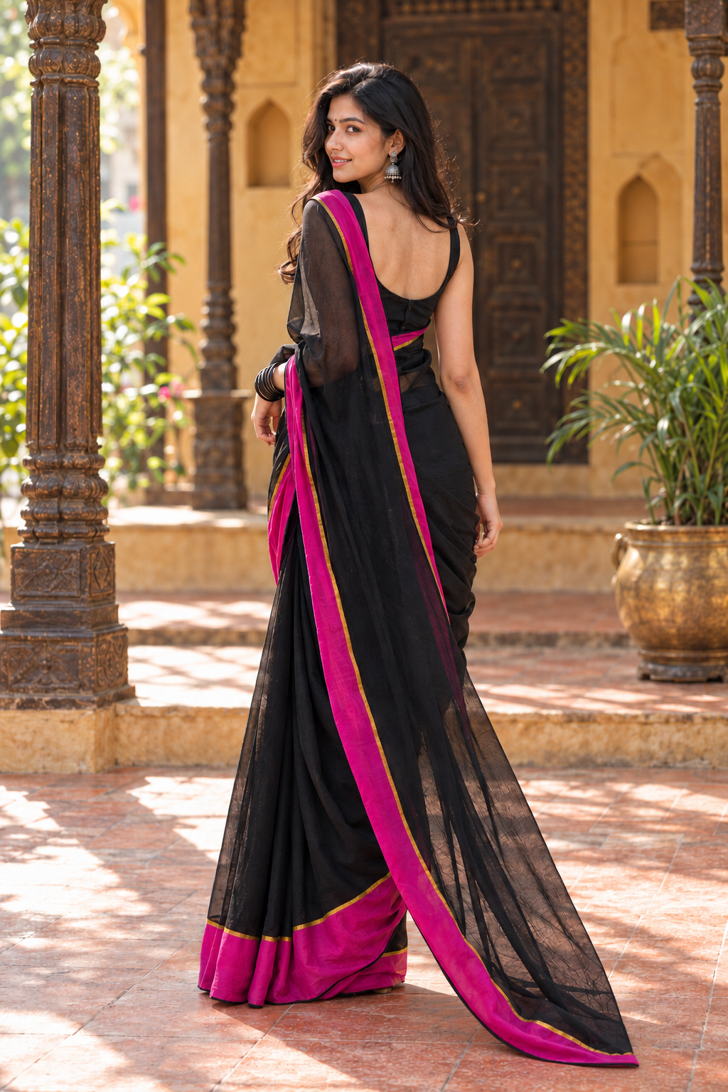 Shyama — Black Cotton Saree with Pink & Gold Border