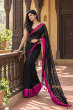 Shyama — Black Cotton Saree with Pink & Gold Border