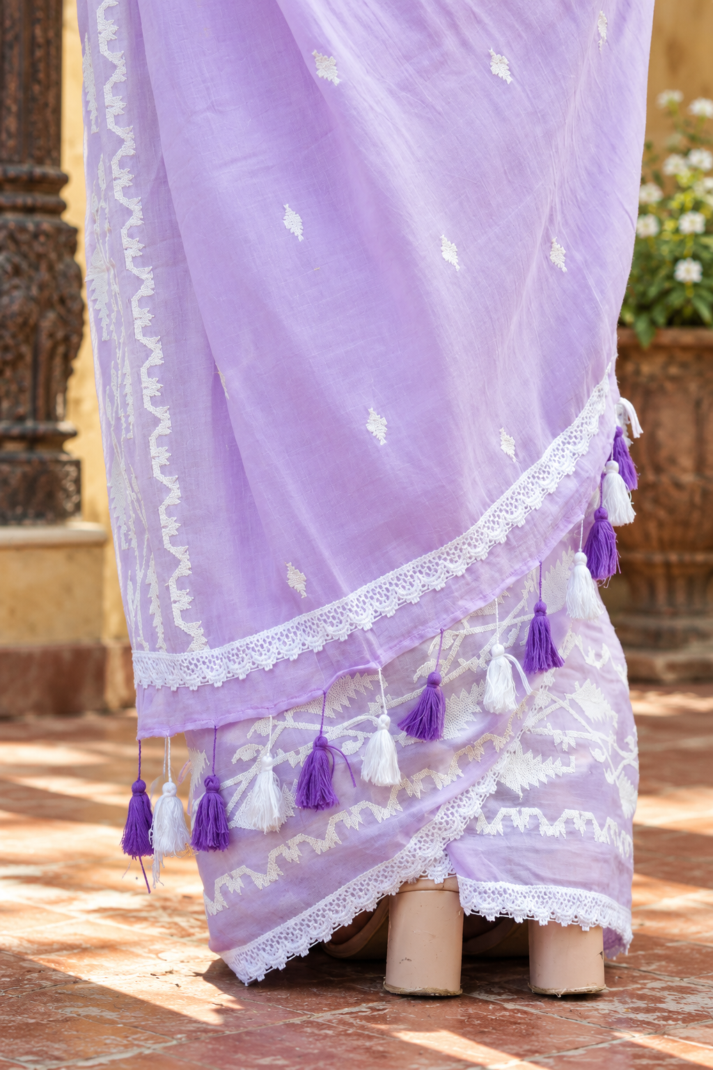 Lavanya — Lilac Cotton Saree with White Embroidery & Crochet Lace