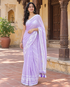 Lavanya — Lilac Cotton Saree with White Embroidery & Crochet Lace