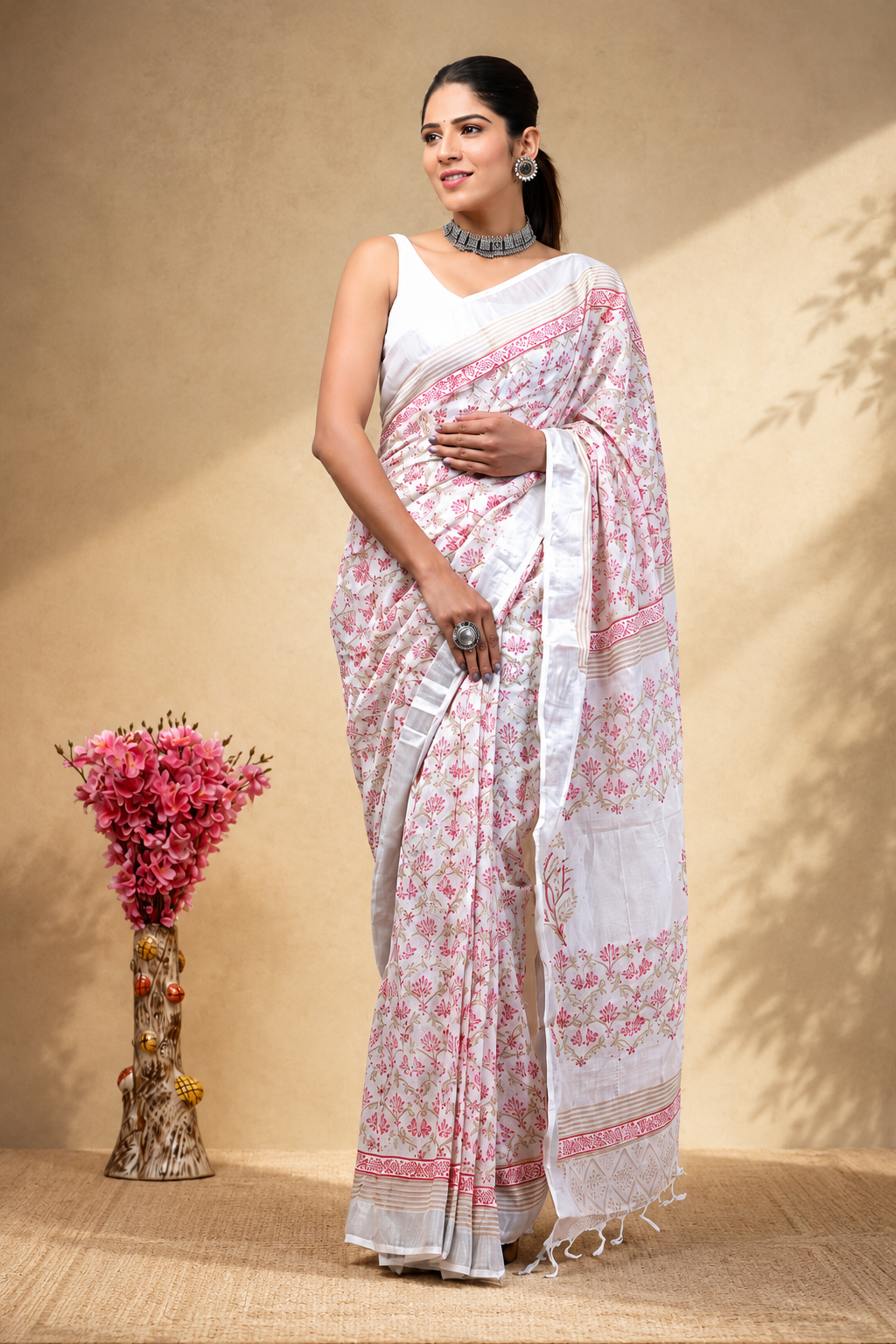 Linen Block Print Sarees