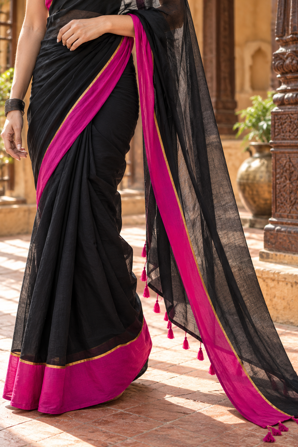 Shyama — Black Cotton Saree with Pink & Gold Border