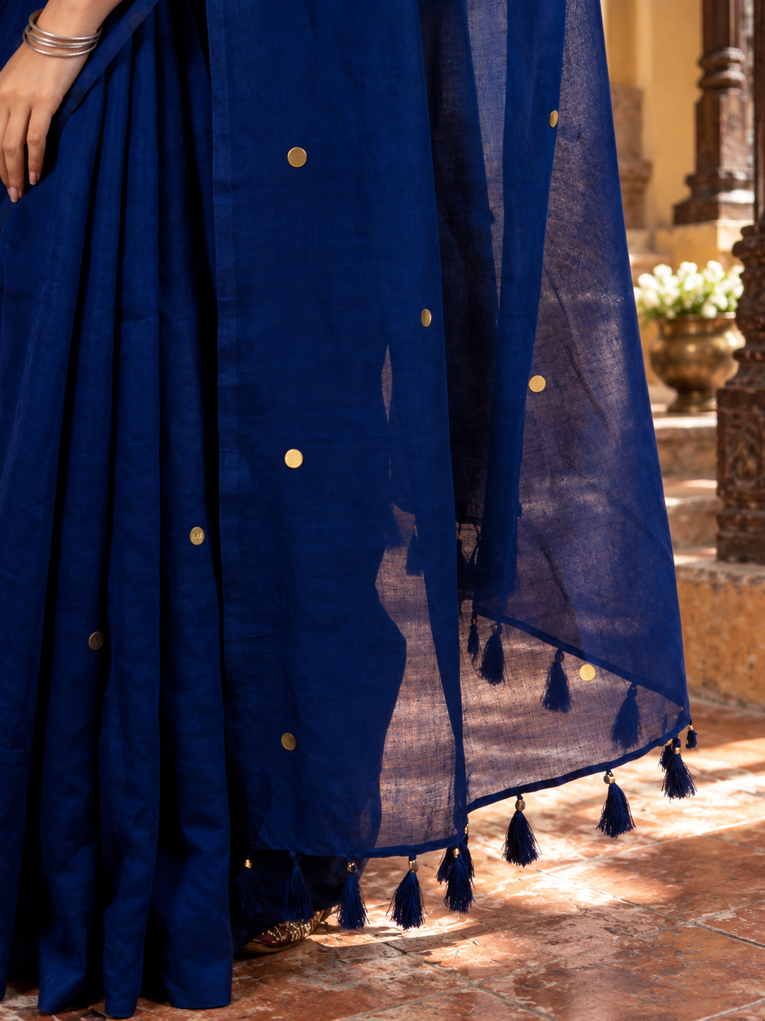 Taara — Navy Blue Cotton Saree with Gold Coin Buti