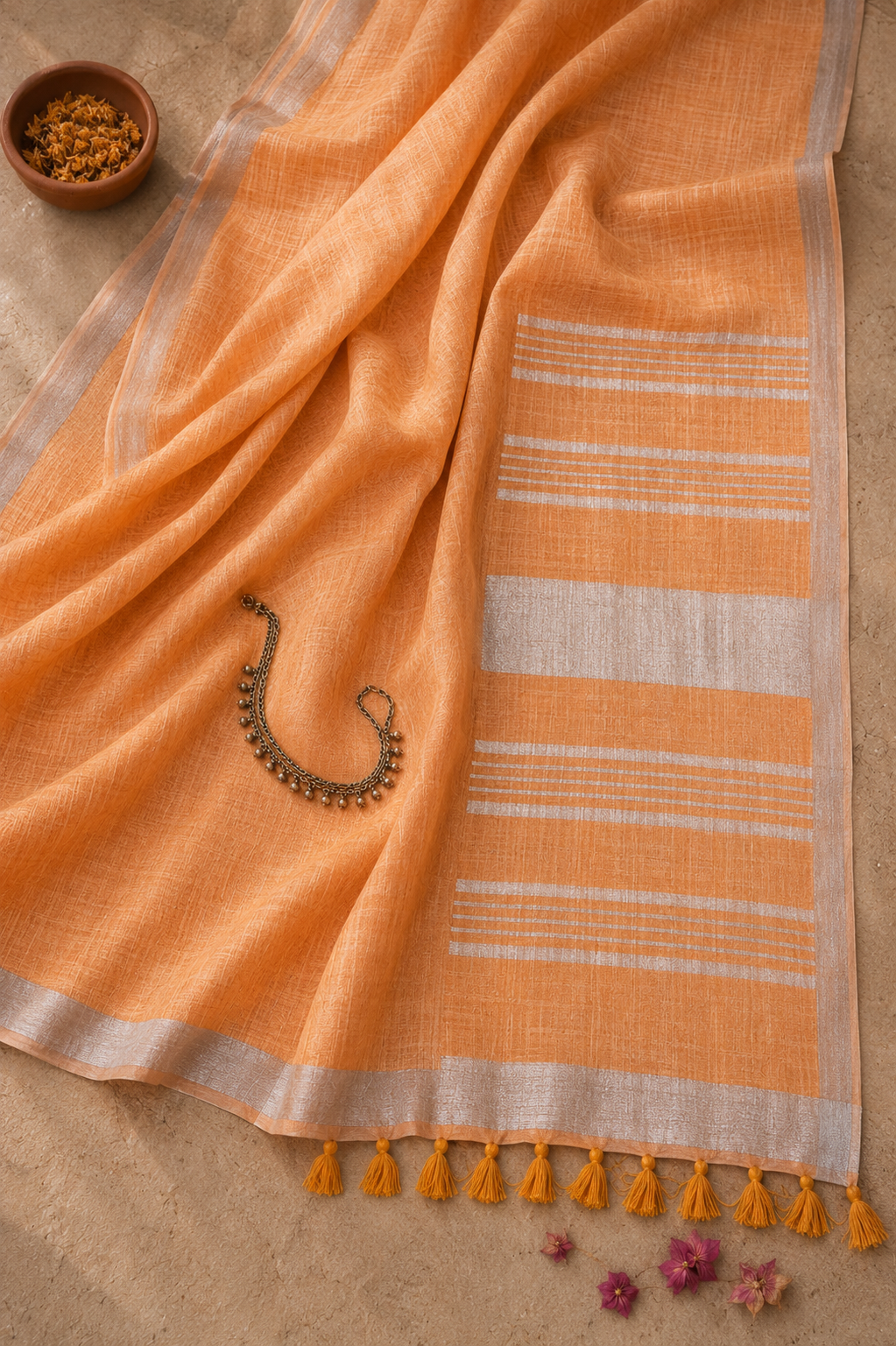 Peach Linen Saree with Silver Border