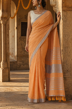 Peach Linen Saree with Silver Border