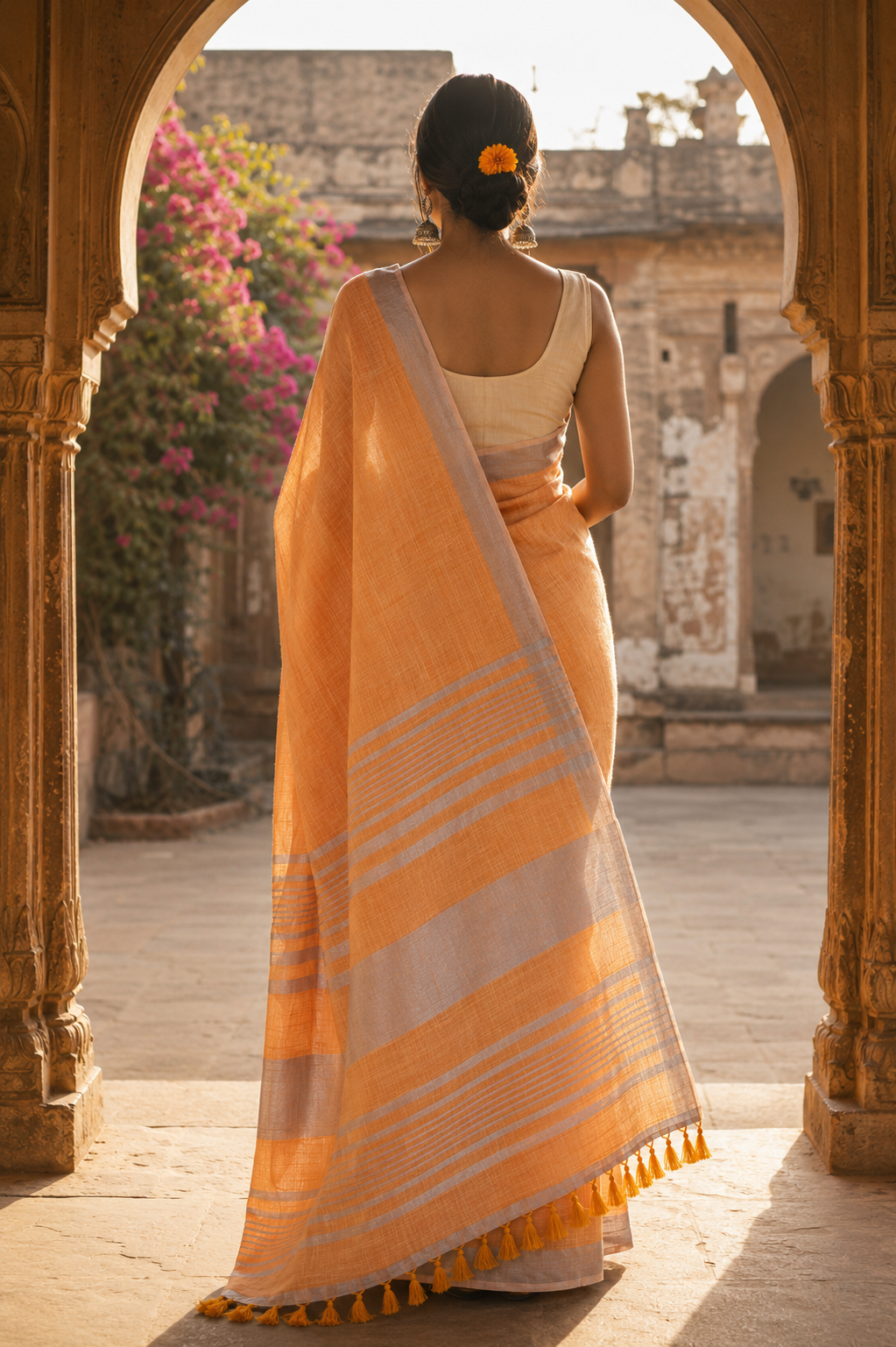 Peach Linen Saree with Silver Border