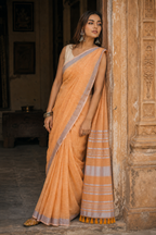 Peach Linen Saree with Silver Border