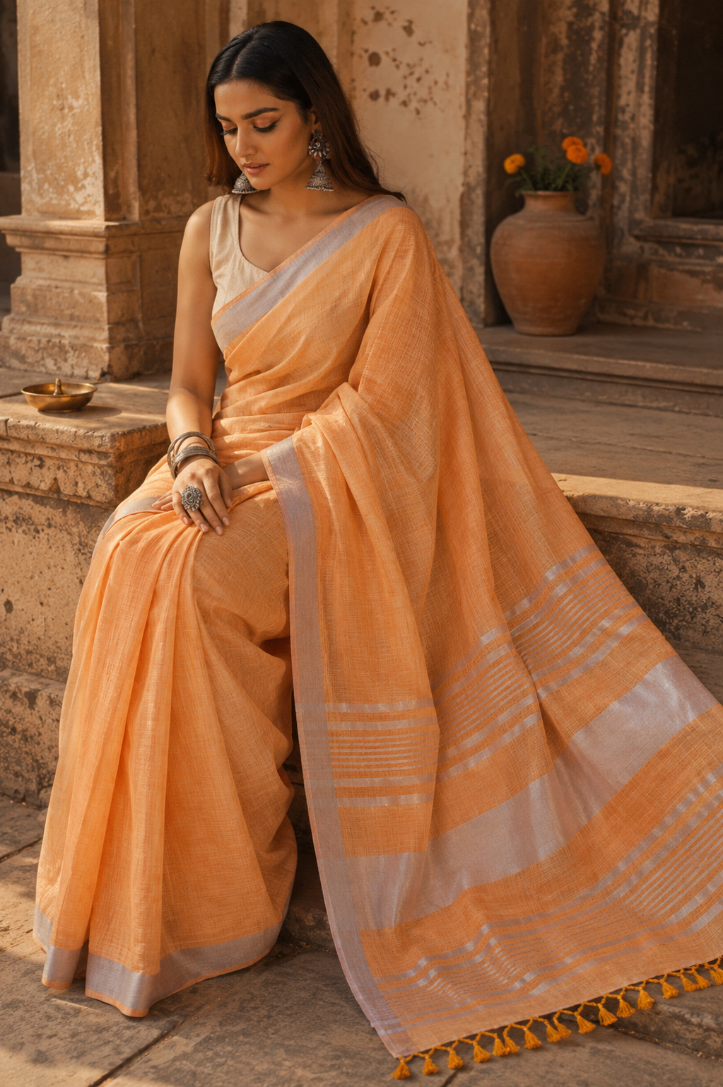 Peach Linen Saree with Silver Border