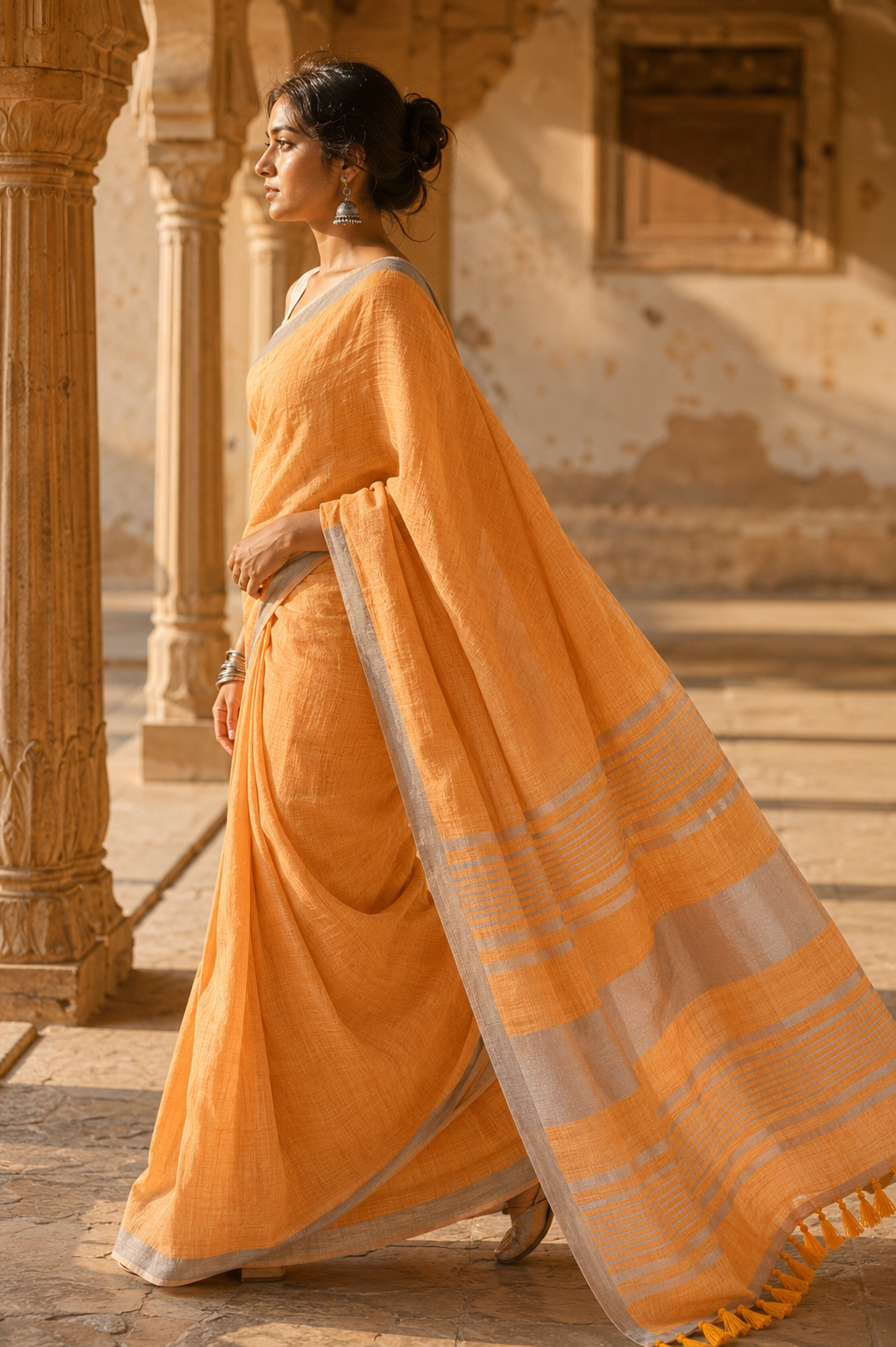 Peach Linen Saree with Silver Border