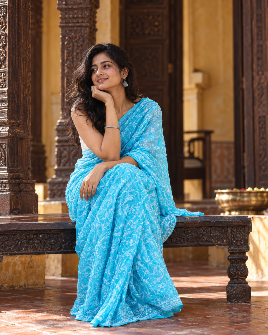 Ambar — Sky Blue Georgette Chikankari Saree with Blouse