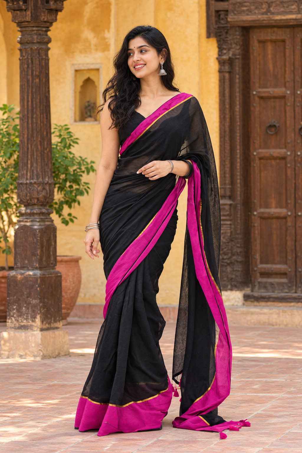 Shyama — Black Cotton Saree with Pink & Gold Border