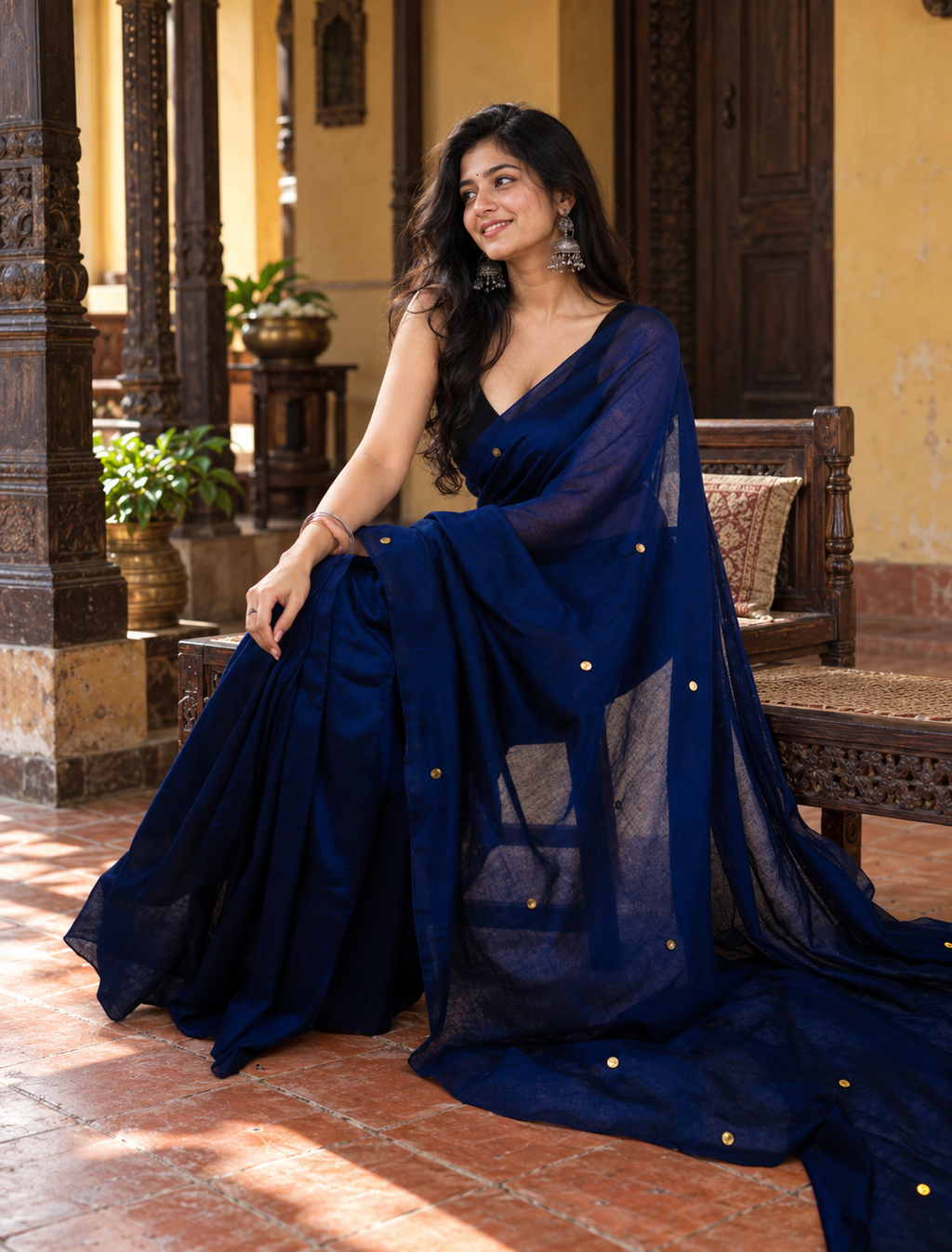 Taara — Navy Blue Cotton Saree with Gold Coin Buti