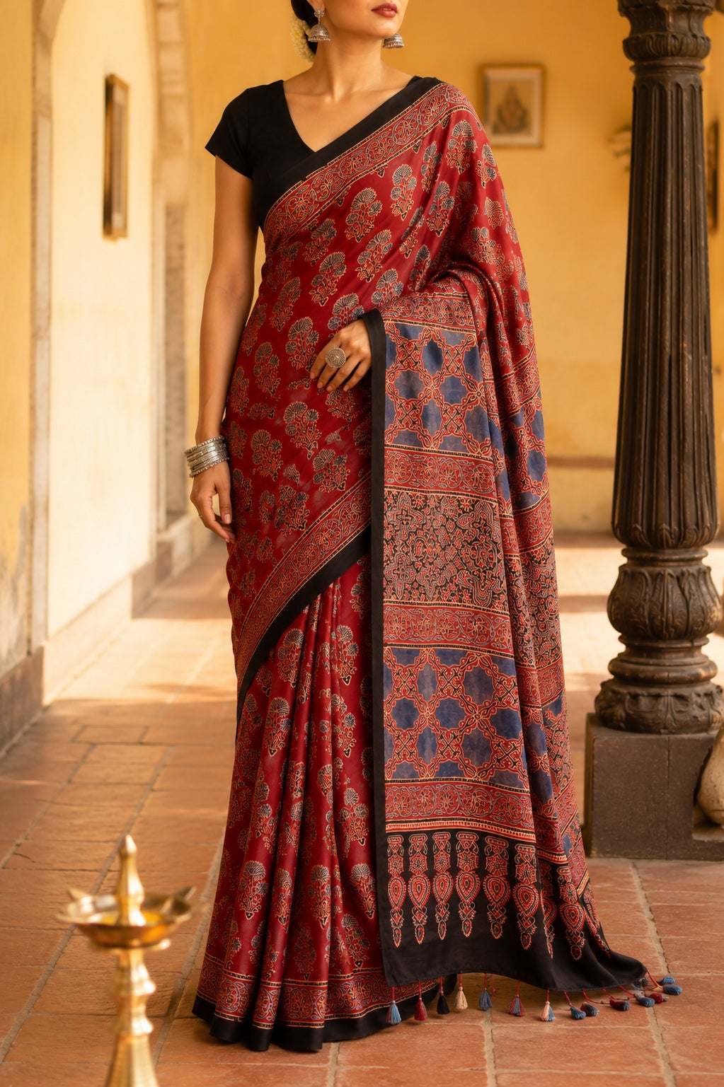 Surekha — Red Modal Silk Ajrakh Saree | Hand Block Print | Awadhalaya