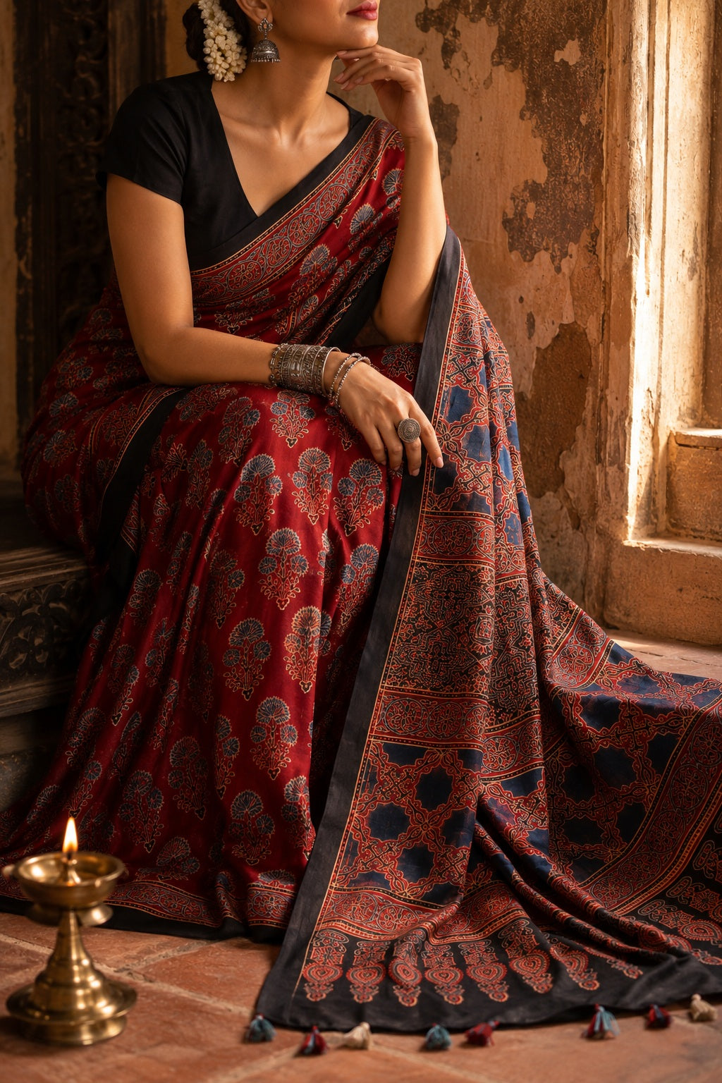 Surekha — Red Modal Silk Ajrakh Saree | Hand Block Print | Awadhalaya