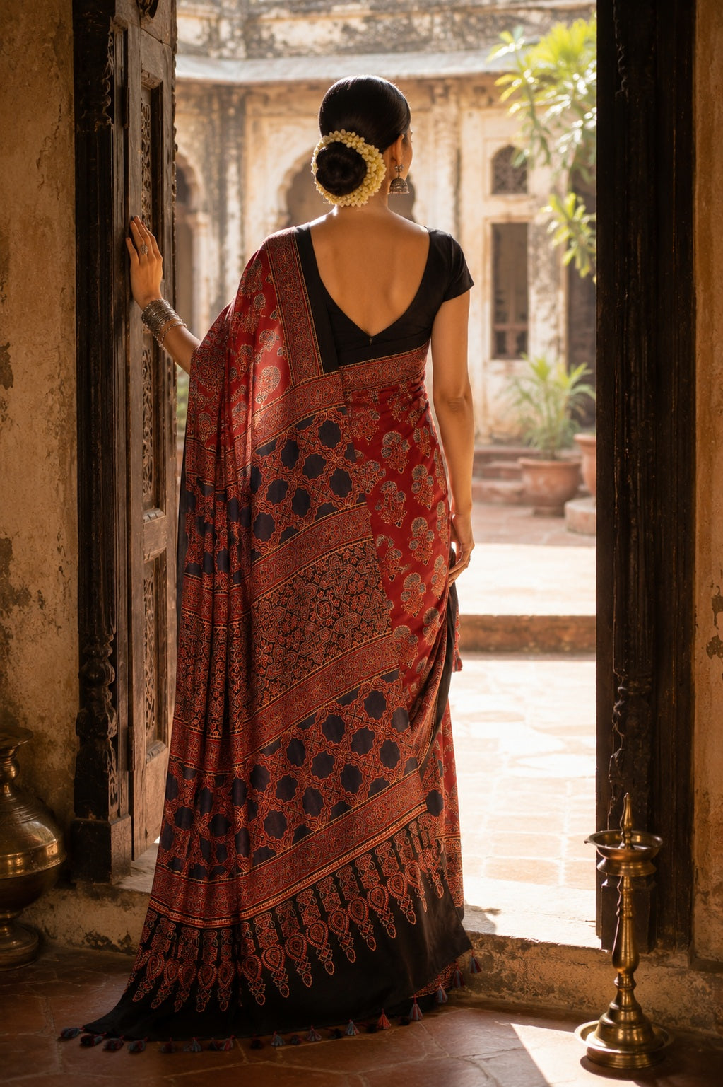 Surekha — Red Modal Silk Ajrakh Saree | Hand Block Print | Awadhalaya