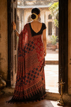 Surekha — Red Modal Silk Ajrakh Saree | Hand Block Print | Awadhalaya