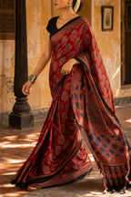 Surekha — Red Modal Silk Ajrakh Saree | Hand Block Print | Awadhalaya